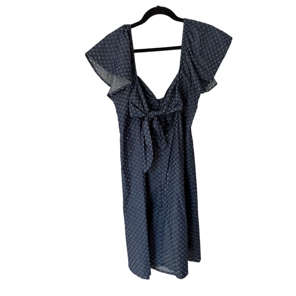 LA Relaxed Navy Blue Eyelet Denim Mini Dress Tie Front Cutout Back Size L NWT - Picture 2 of 3